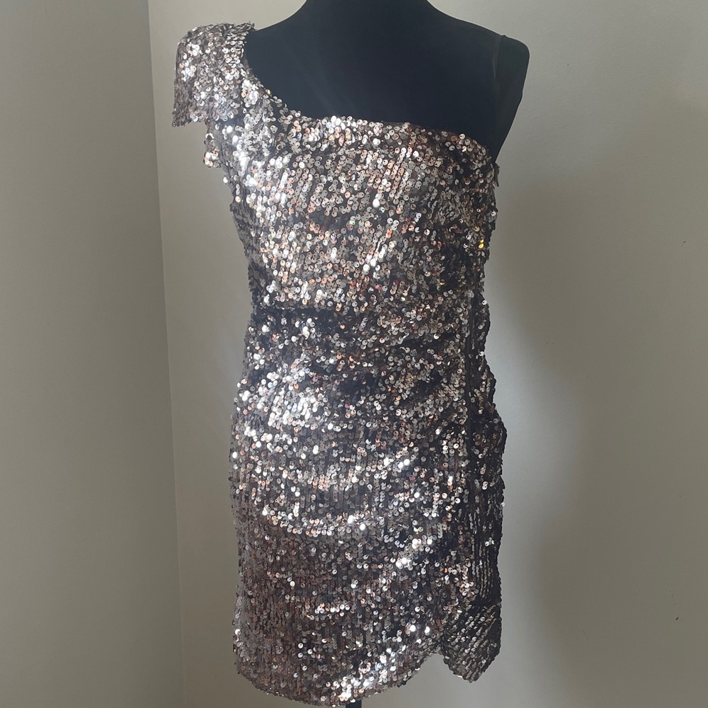 Women's One-Shoulder Bronze Gold Sequin Party Dress